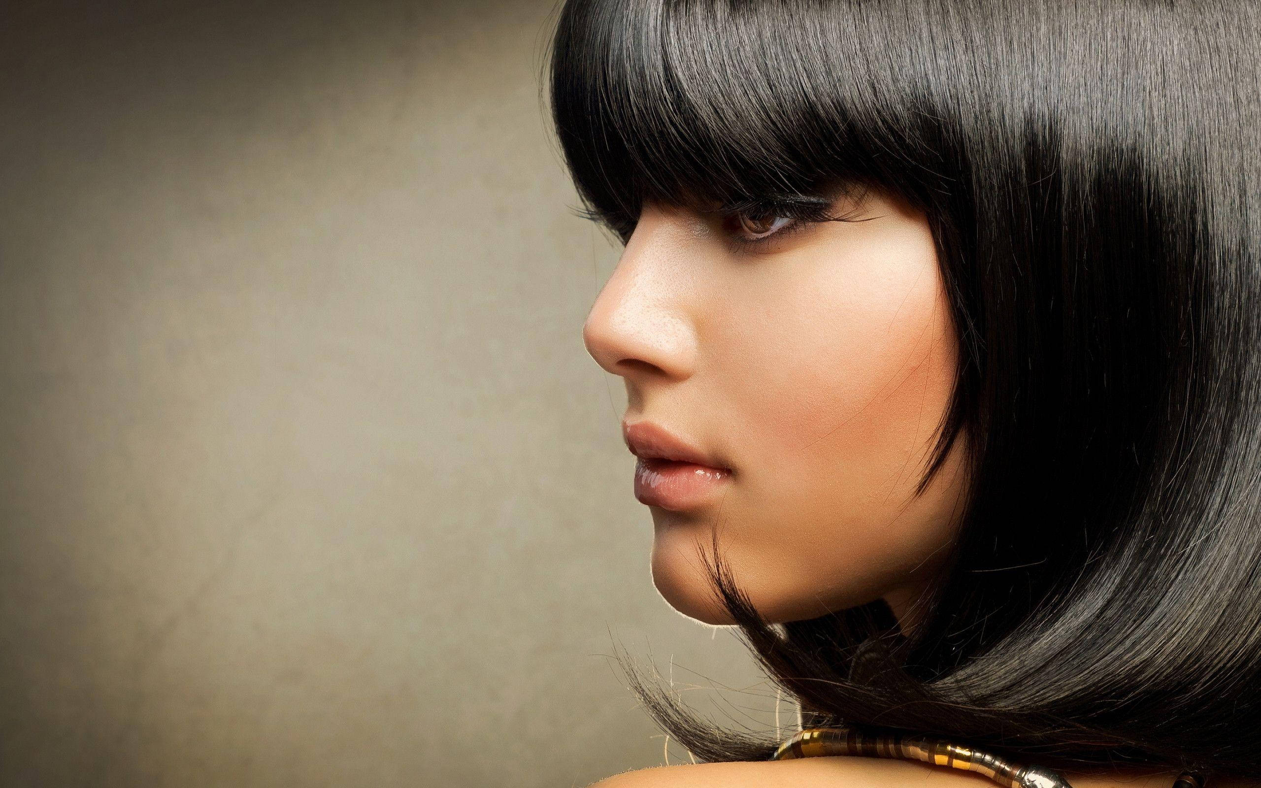 black shiny hair, sleek black bob haircut, bangs, 2K Desktop Wallpaper