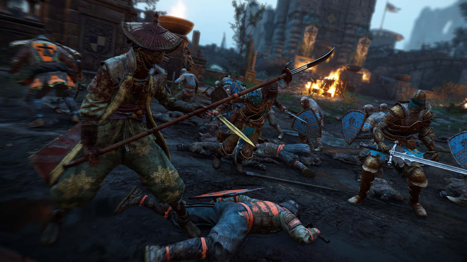 Female Samurai For Honor, ornate armor, muddy battlefield, HD Desktop Wallpaper
