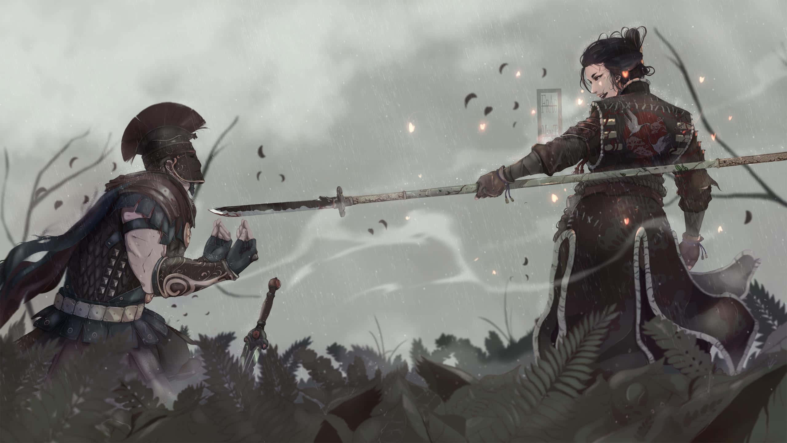 Female Samurai For Honor, misty forest, falling leaves, 2K Desktop Wallpaper