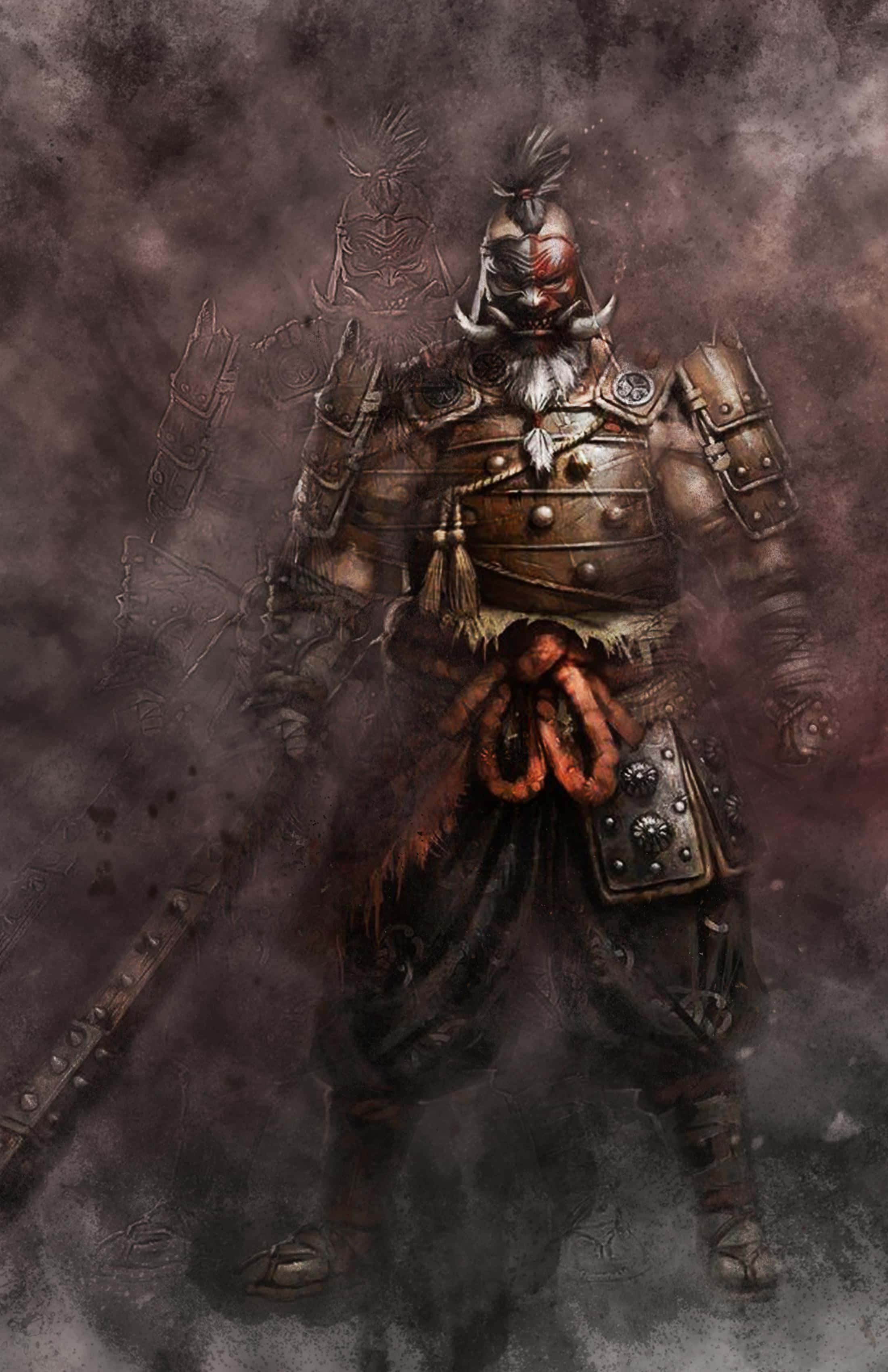 female samurai, red face paint, horned helmet, 2K Phone Wallpaper