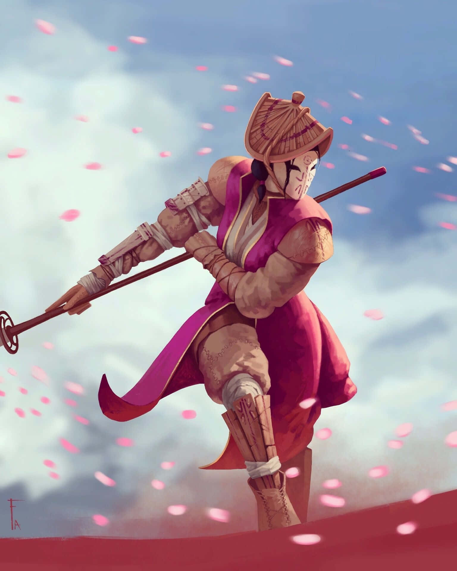 Female Samurai For Honor, pink and brown armor, cloudy sky, Full HD Phone Wallpaper