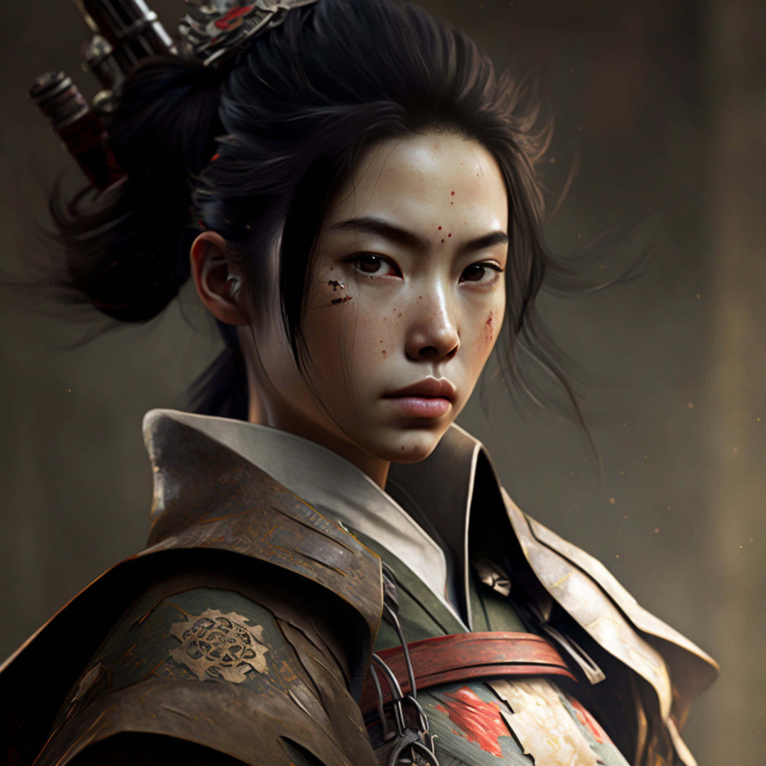 female samurai, dark hair, bloodied face, Full HD Desktop Wallpaper