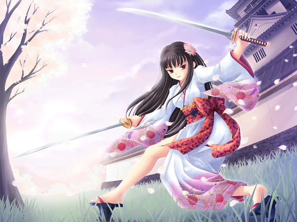 female samurai, floral kimono, katana, SD Desktop Wallpaper