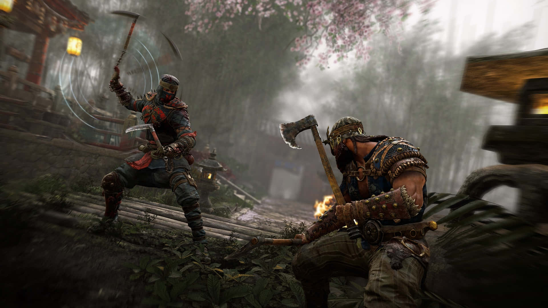 Female Samurai For Honor, misty cherry blossom garden, traditional lanterns, Full HD Desktop Wallpaper