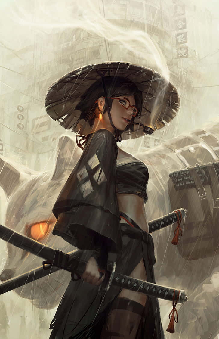 female samurai, red glasses, katana, SD Phone Wallpaper