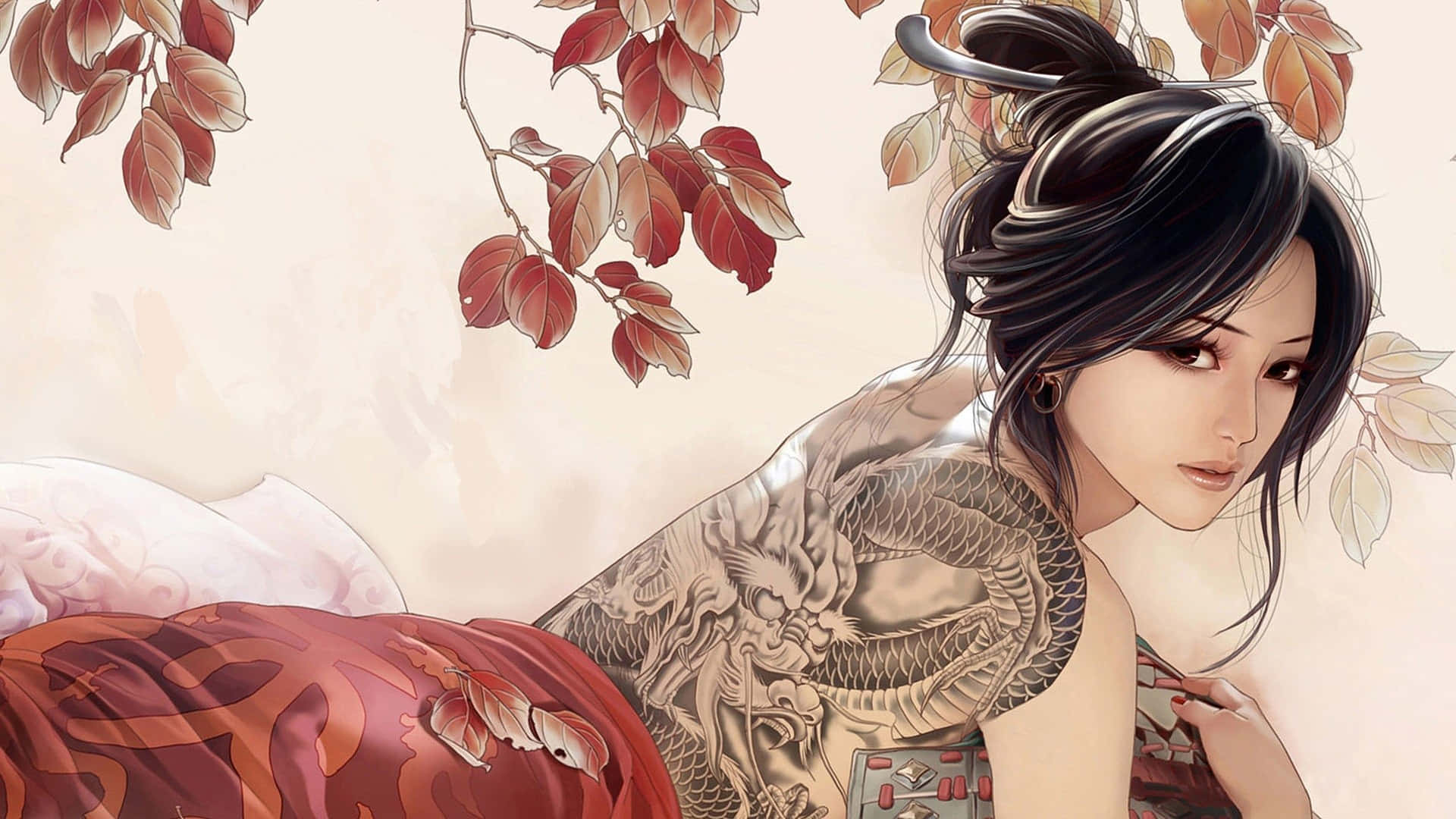 female samurai, dragon tattoo, autumn leaves, Full HD Desktop Wallpaper