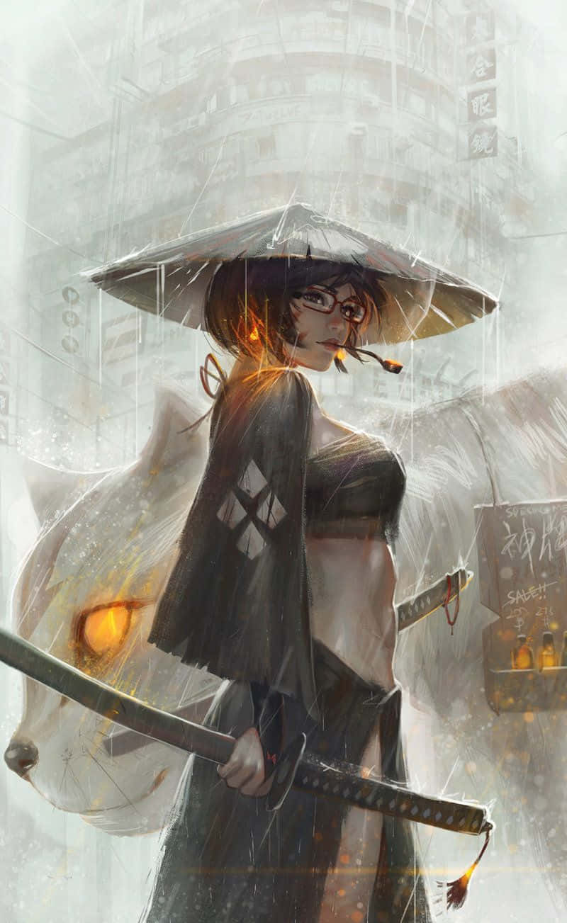 samurai woman, glasses, wide-brimmed hat, HD Phone Wallpaper