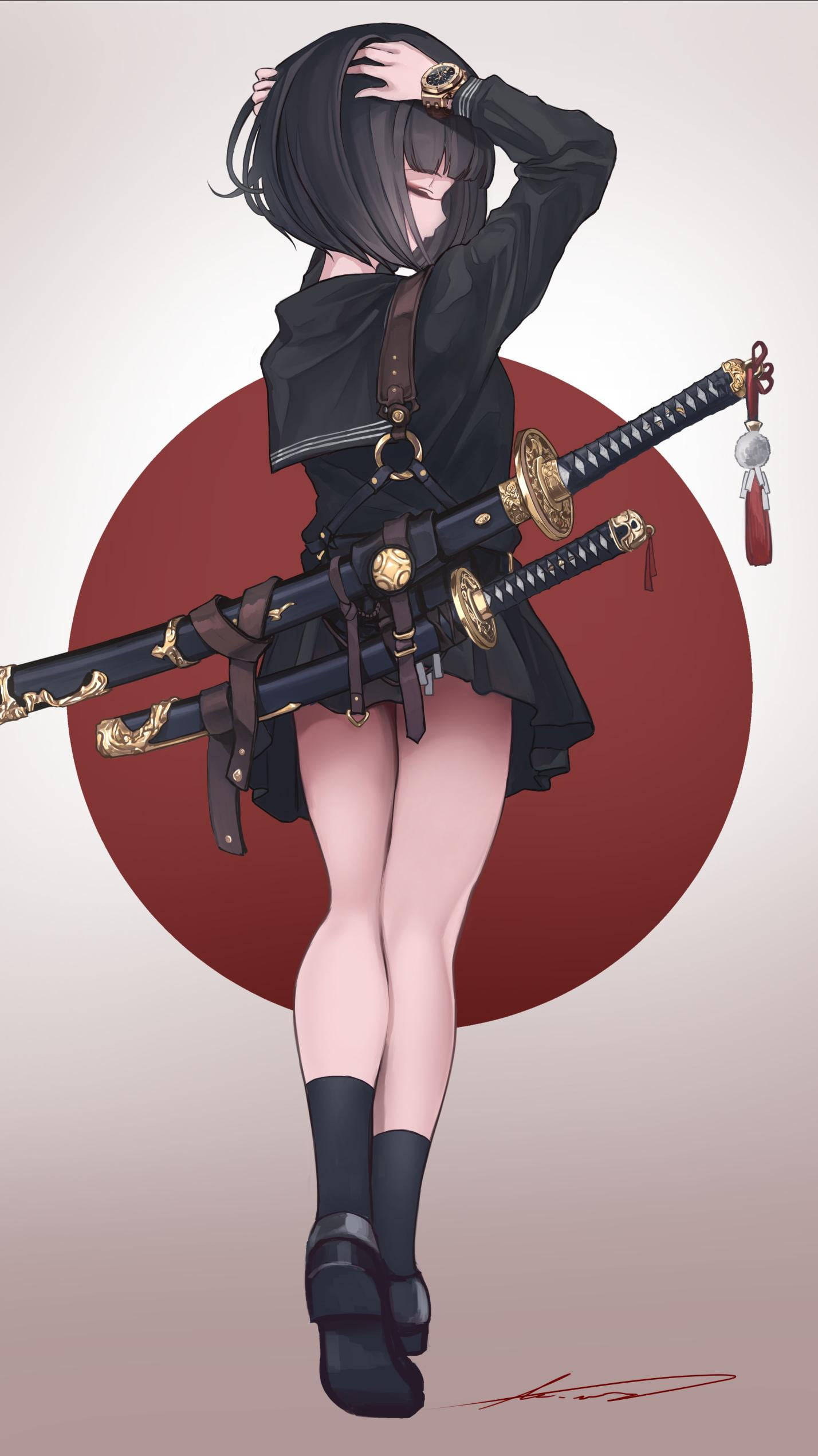 black-haired anime girl, black outfit, two ornate swords, Full HD Phone Wallpaper