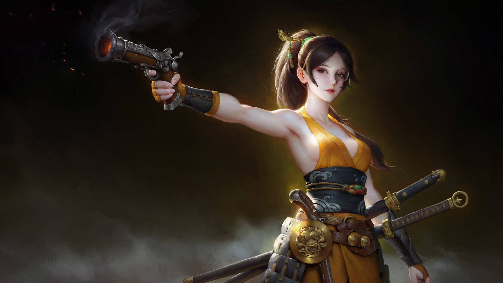 samurai girl with gun, Fearless Female Samurai Standing Tall in Battle, yellow armor, Full HD Desktop Wallpaper