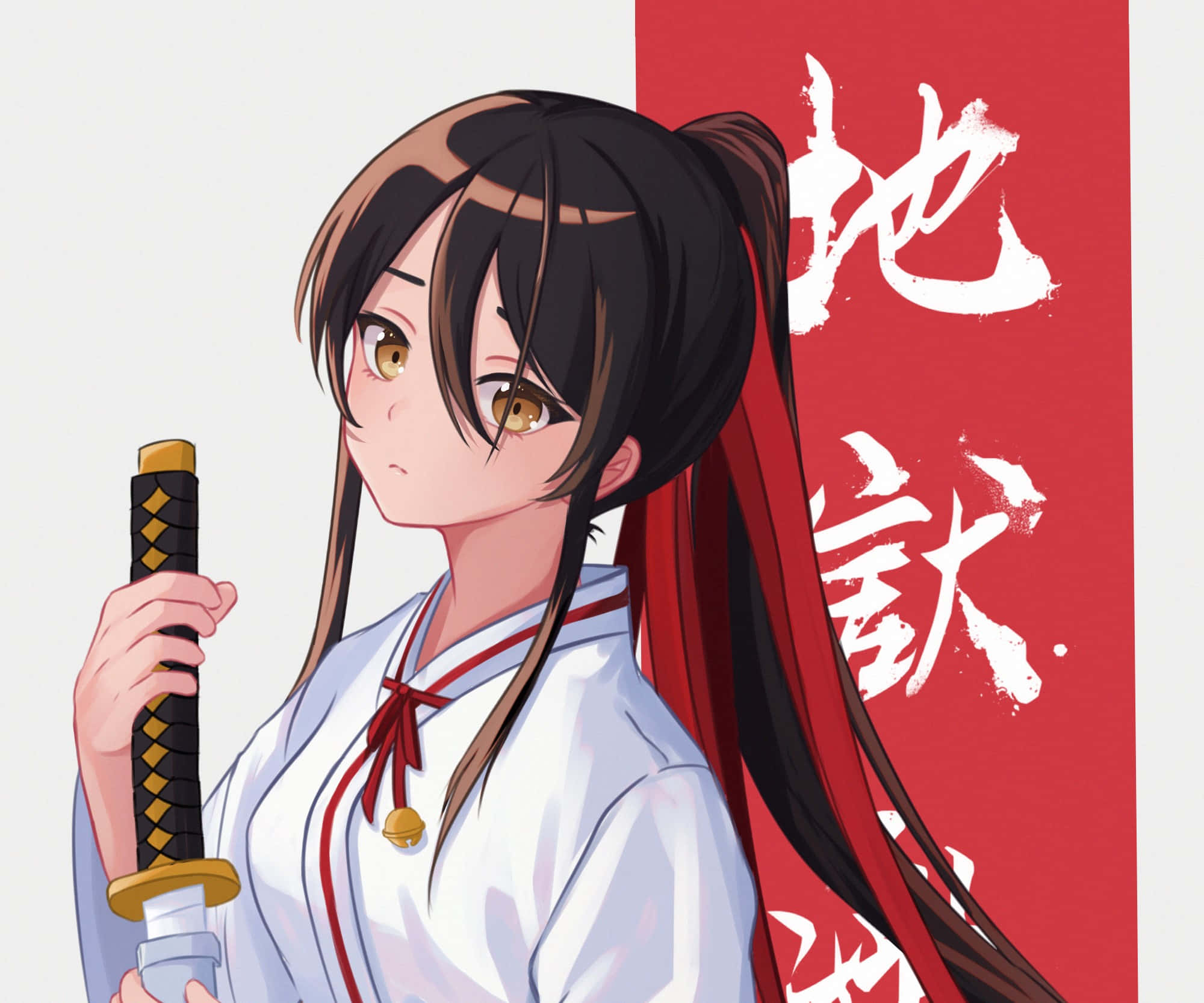 Anime Samurai Girlwith Sword, dark hair, golden eyes, Full HD Desktop Wallpaper