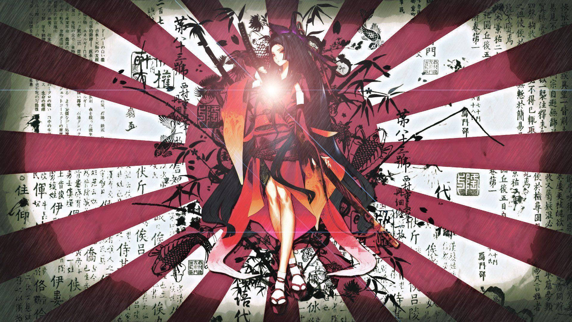 samurai girl, red kimono, red-white stripes, Full HD Desktop Wallpaper