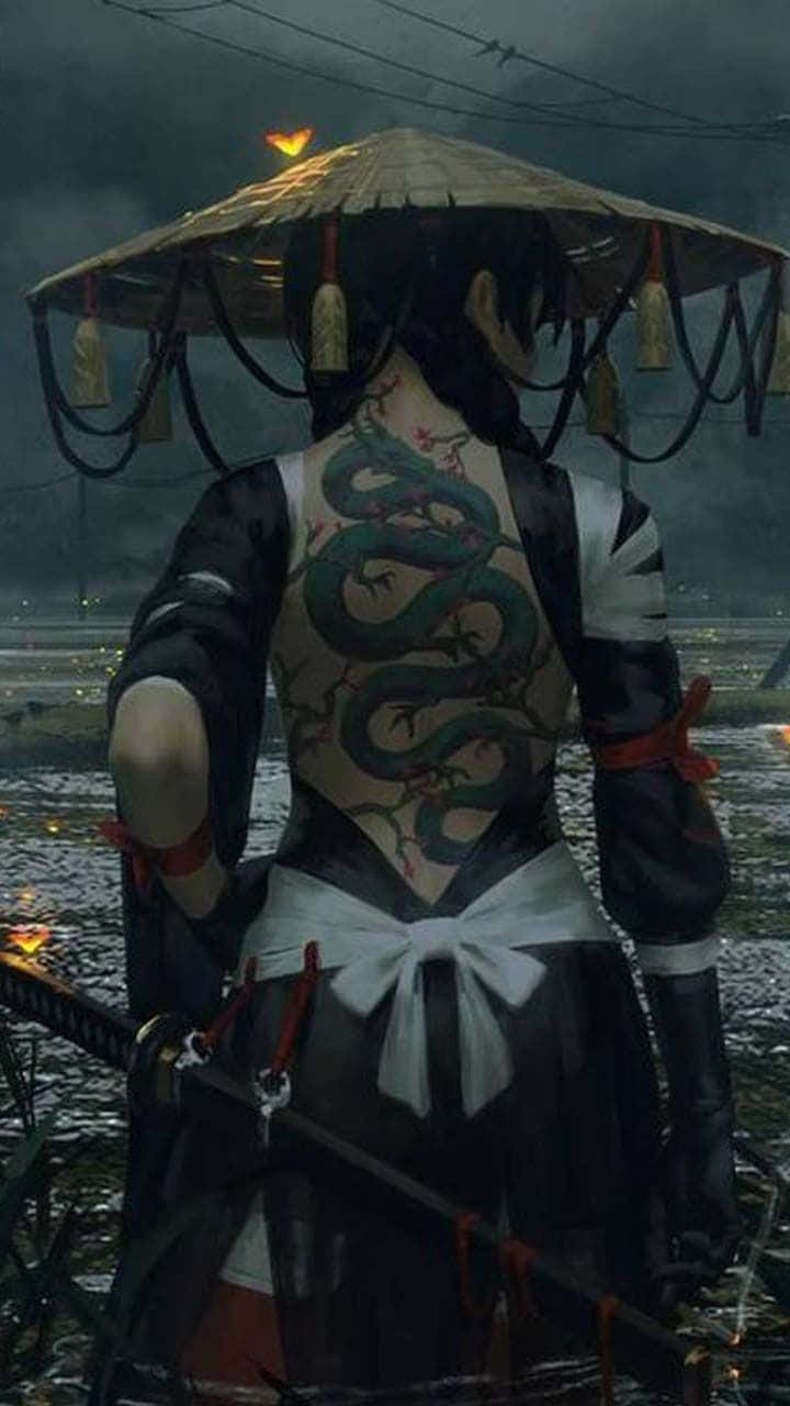 female samurai, green dragon tattoo, rain, HD Phone Wallpaper