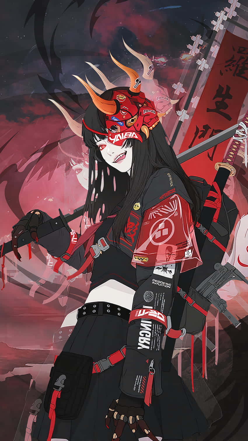 female samurai, red and black armor, demonic mask, HD Phone Wallpaper