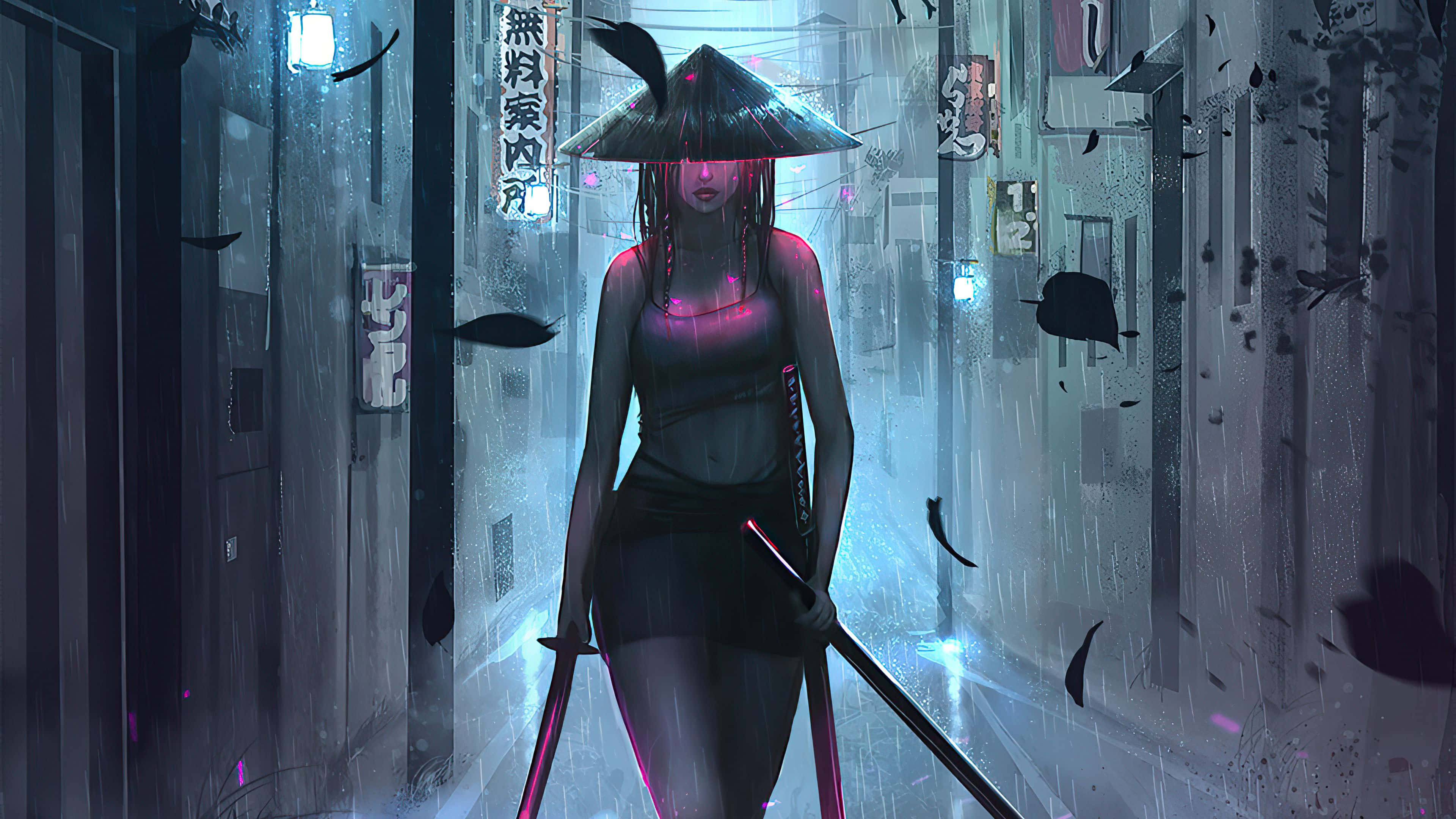 female samurai, glowing pink eyes, rainy neon-lit alleyway, 4K Desktop Wallpaper