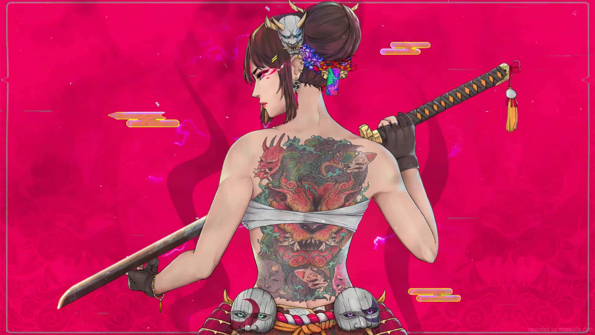female samurai, demonic tattooed back, katana, Full HD Desktop Wallpaper
