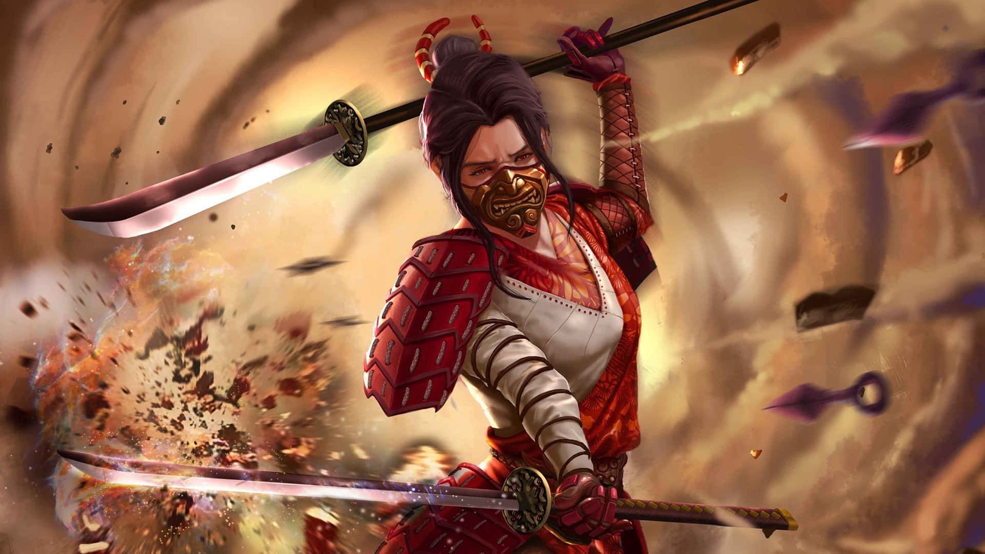 female samurai, red armor, two swords, Full HD Desktop Wallpaper