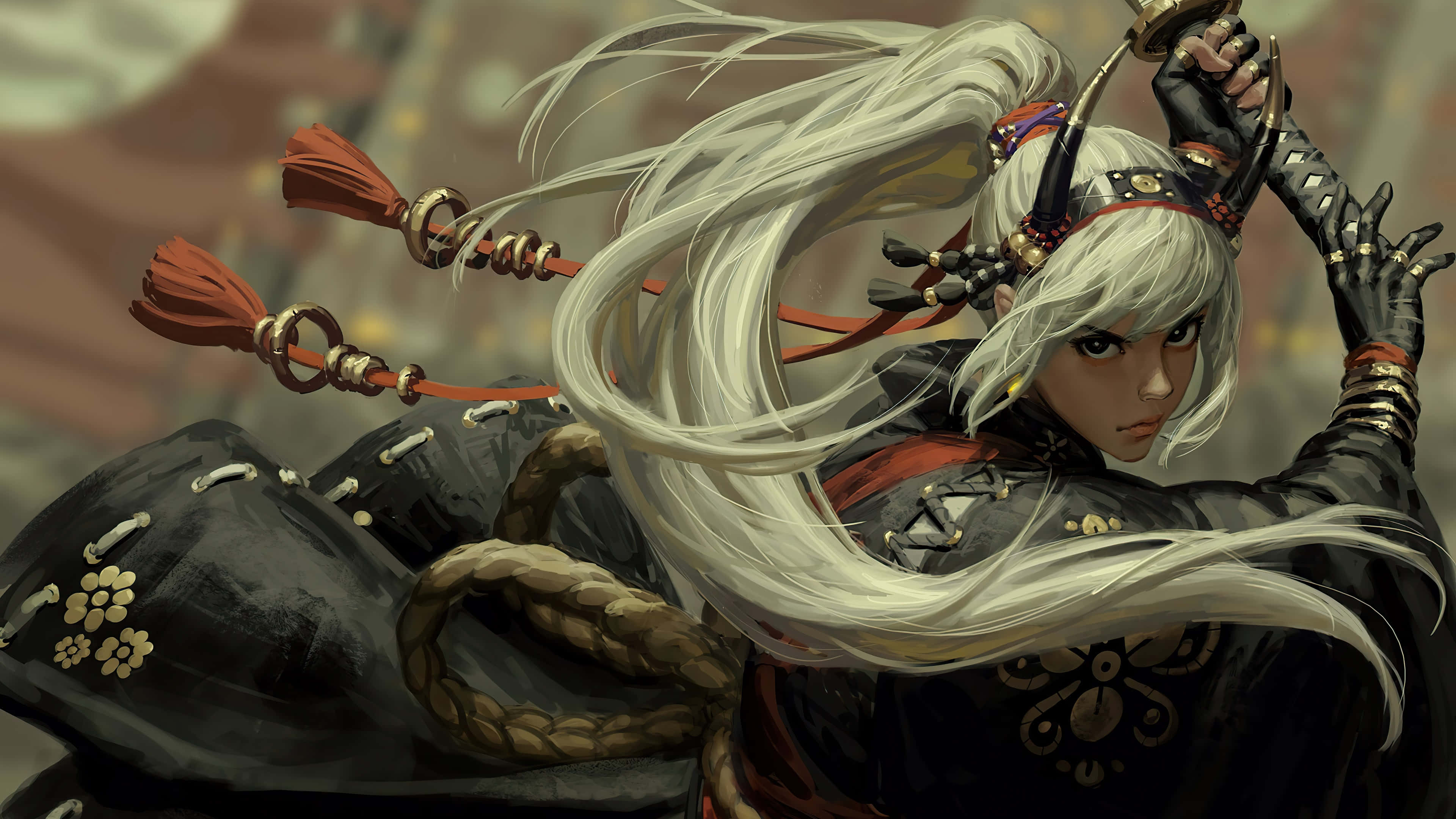 female samurai, white hair, ornate black armor, 4K Desktop Wallpaper