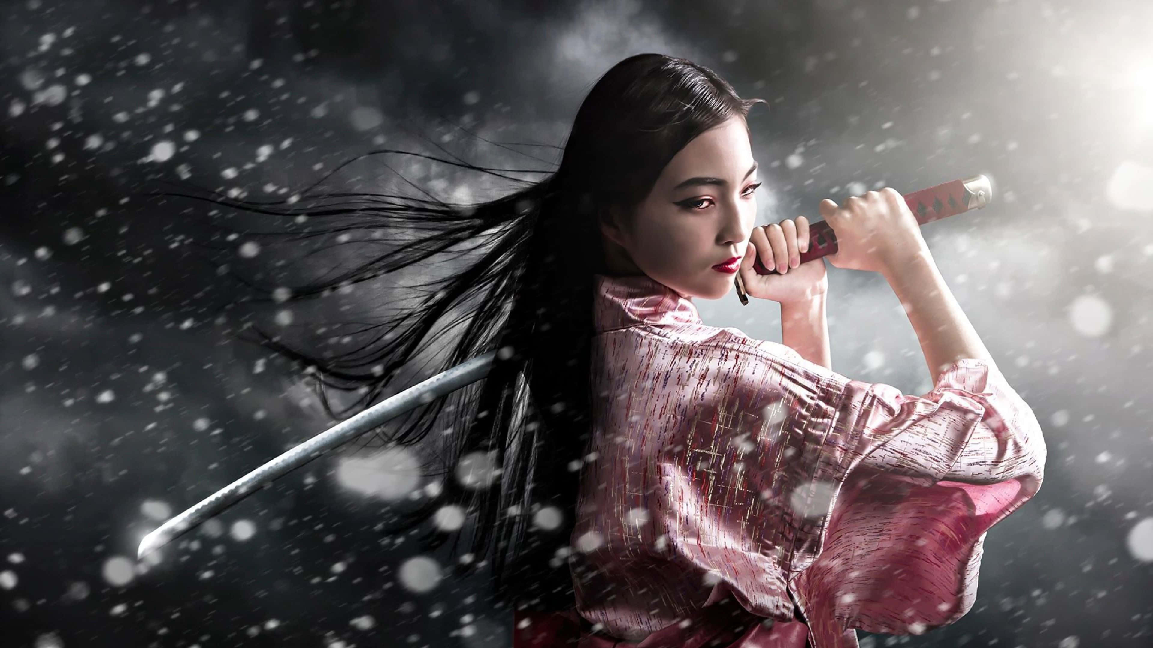 female samurai, pink kimono, katana, 4K Desktop Wallpaper