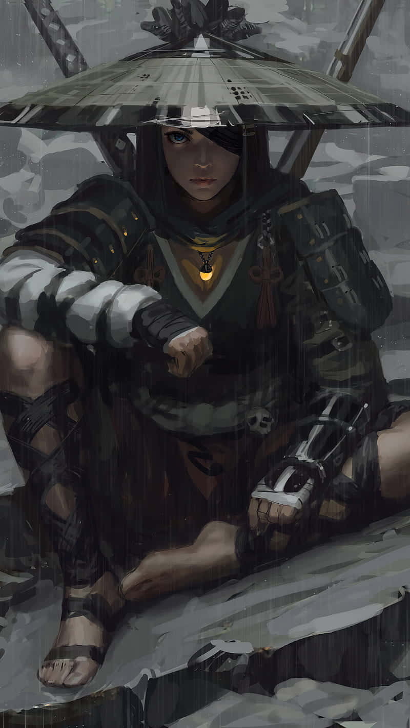 female samurai, dark armor, wide-brimmed hat, HD Phone Wallpaper