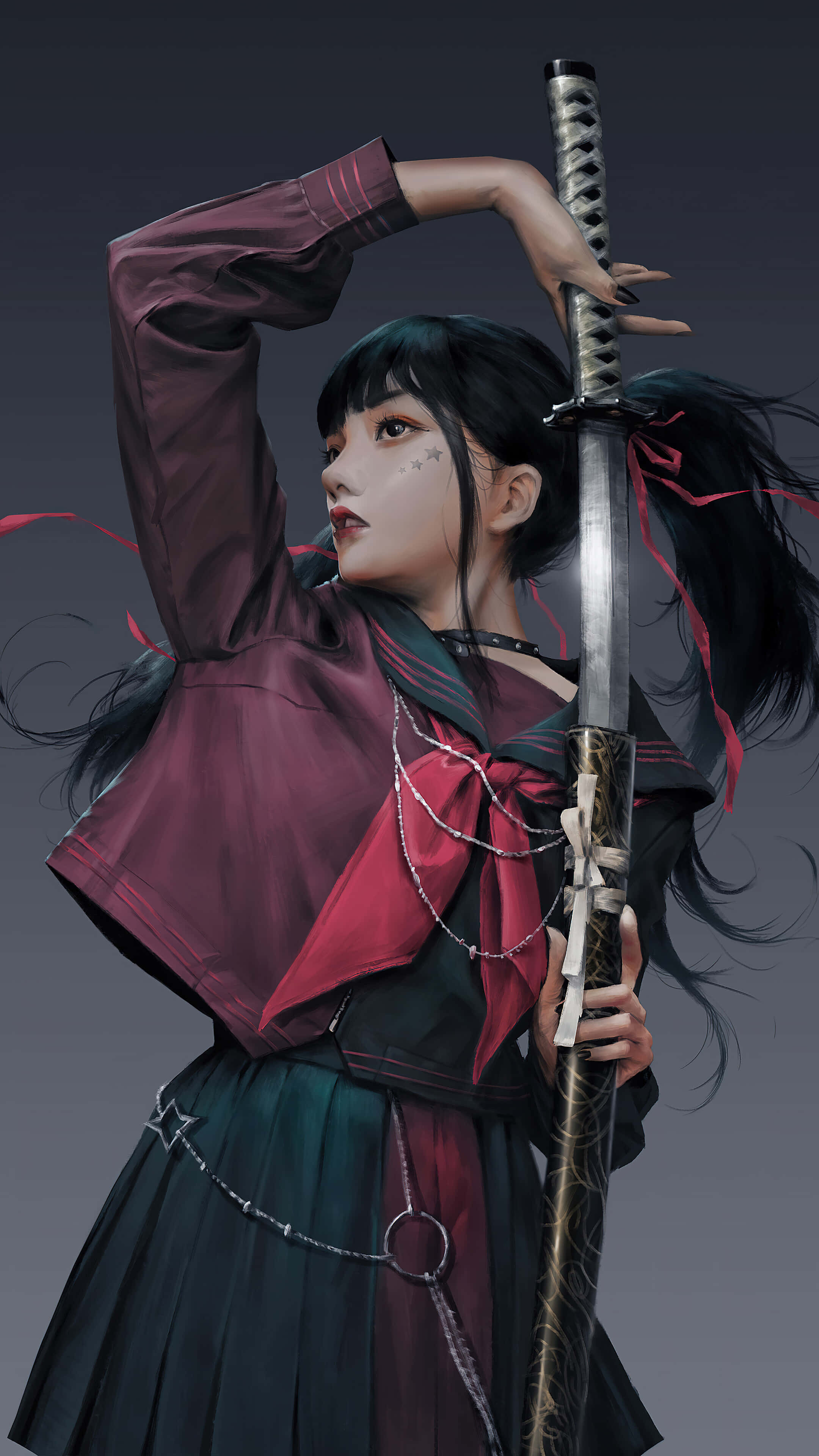 female samurai, maroon and green school uniform, katana, 4K Phone Wallpaper