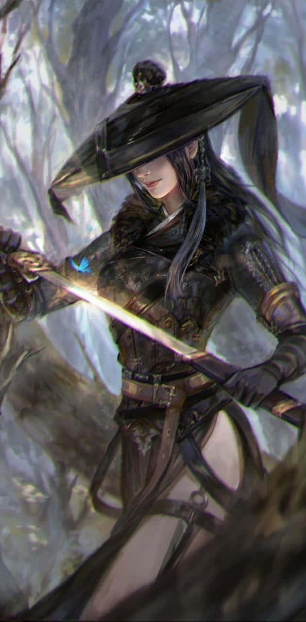 female samurai, glowing sword, misty forest, HD Phone Wallpaper