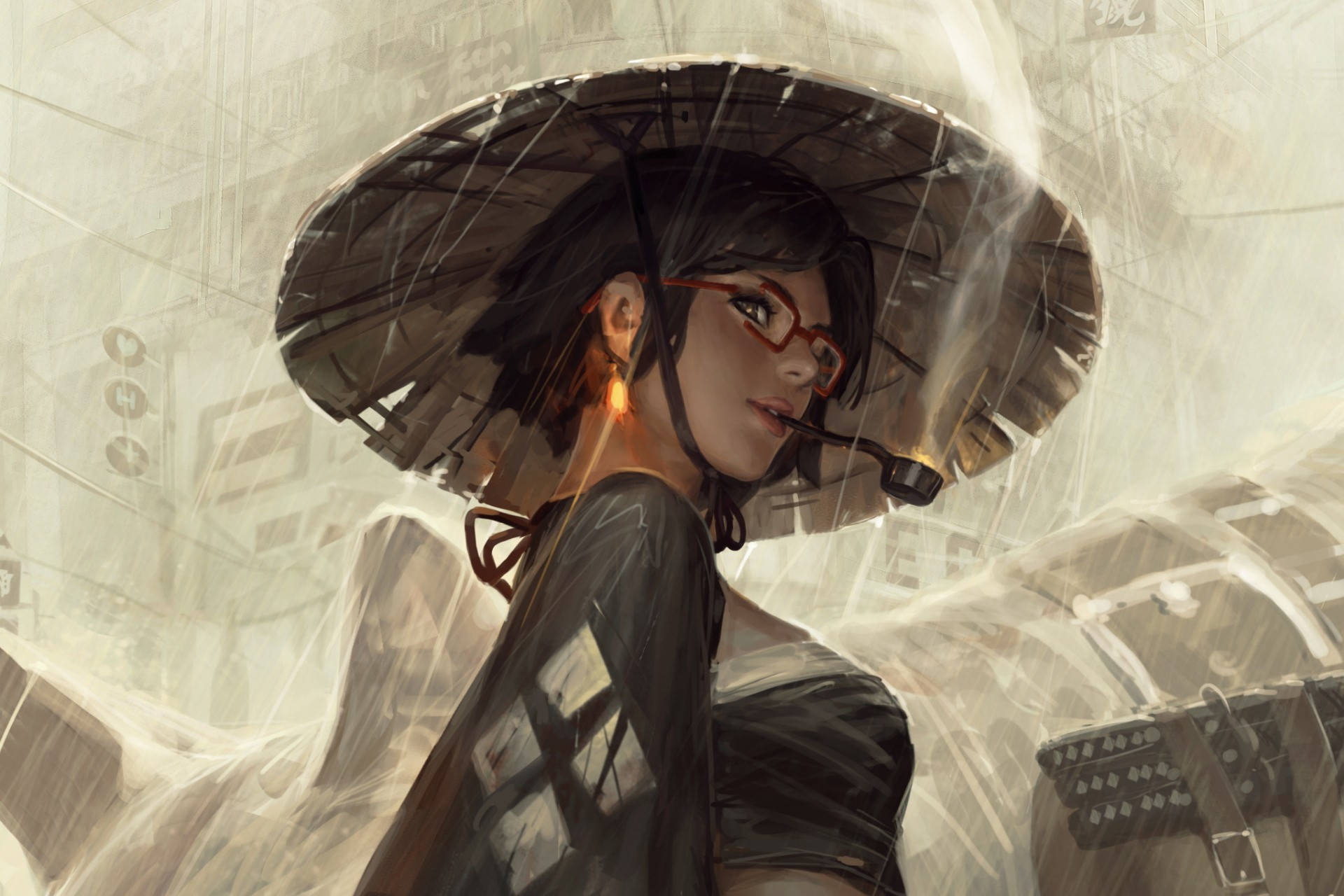 samurai girl, kasa, red glasses, Full HD Desktop Wallpaper