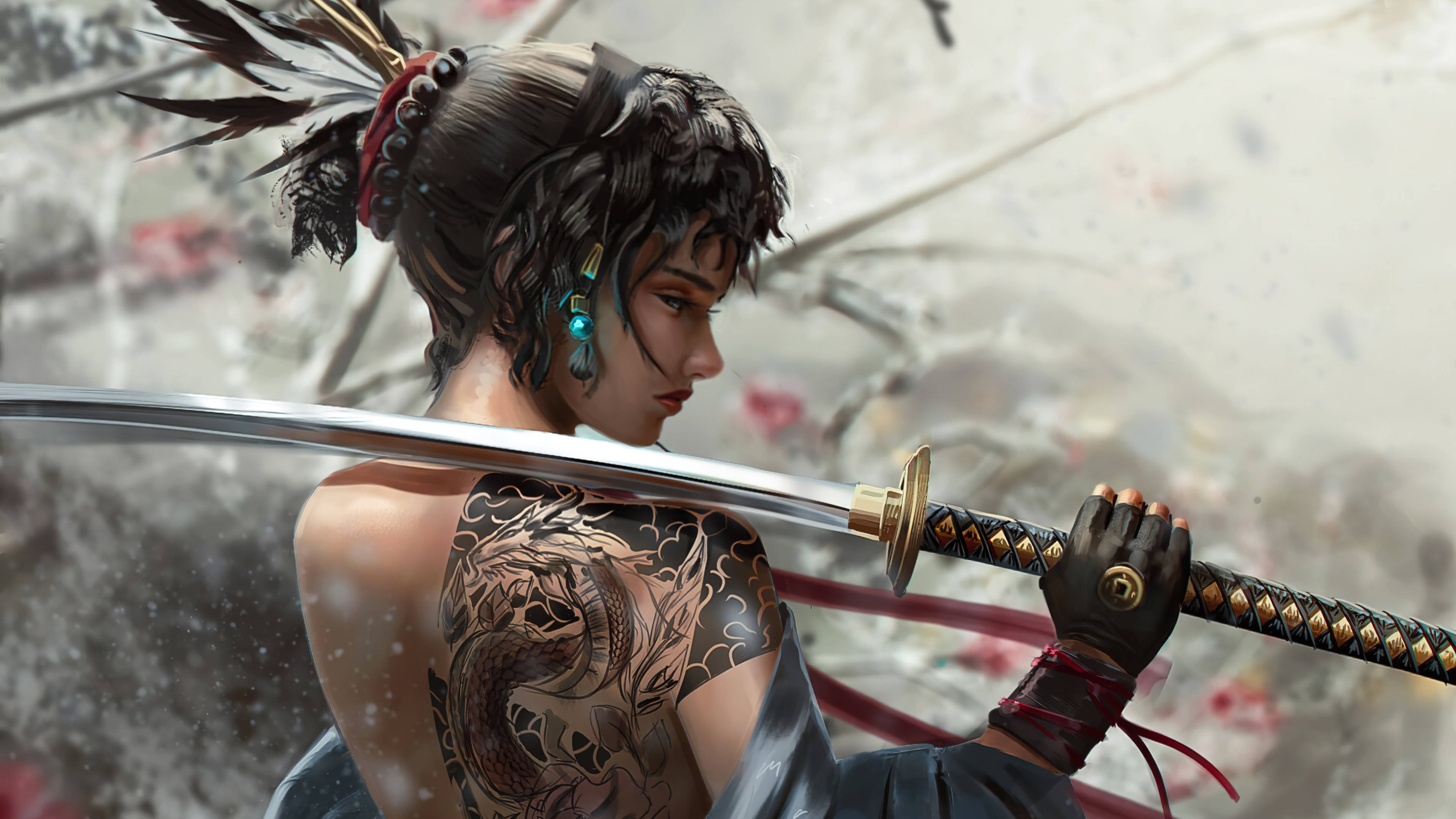 Cool Girl Samurai Girl, samurai woman, dragon tattoo, 4K Desktop Wallpaper