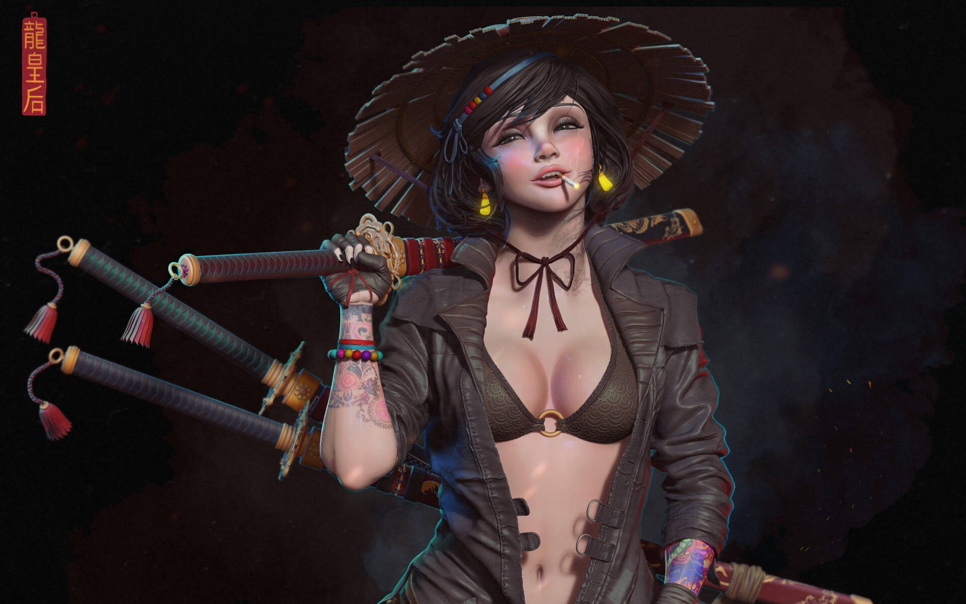 anime woman, tattoos, wide-brimmed hat, Full HD Desktop Wallpaper