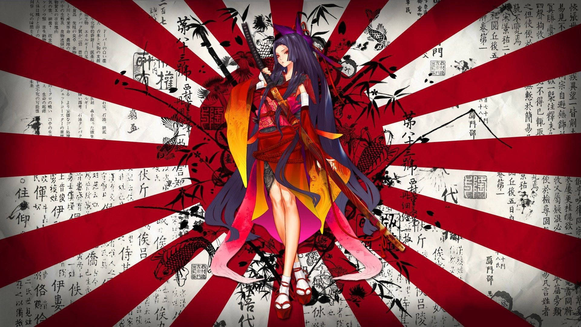 purple-haired anime warrior, red and gold armor, katana, Full HD Desktop Wallpaper