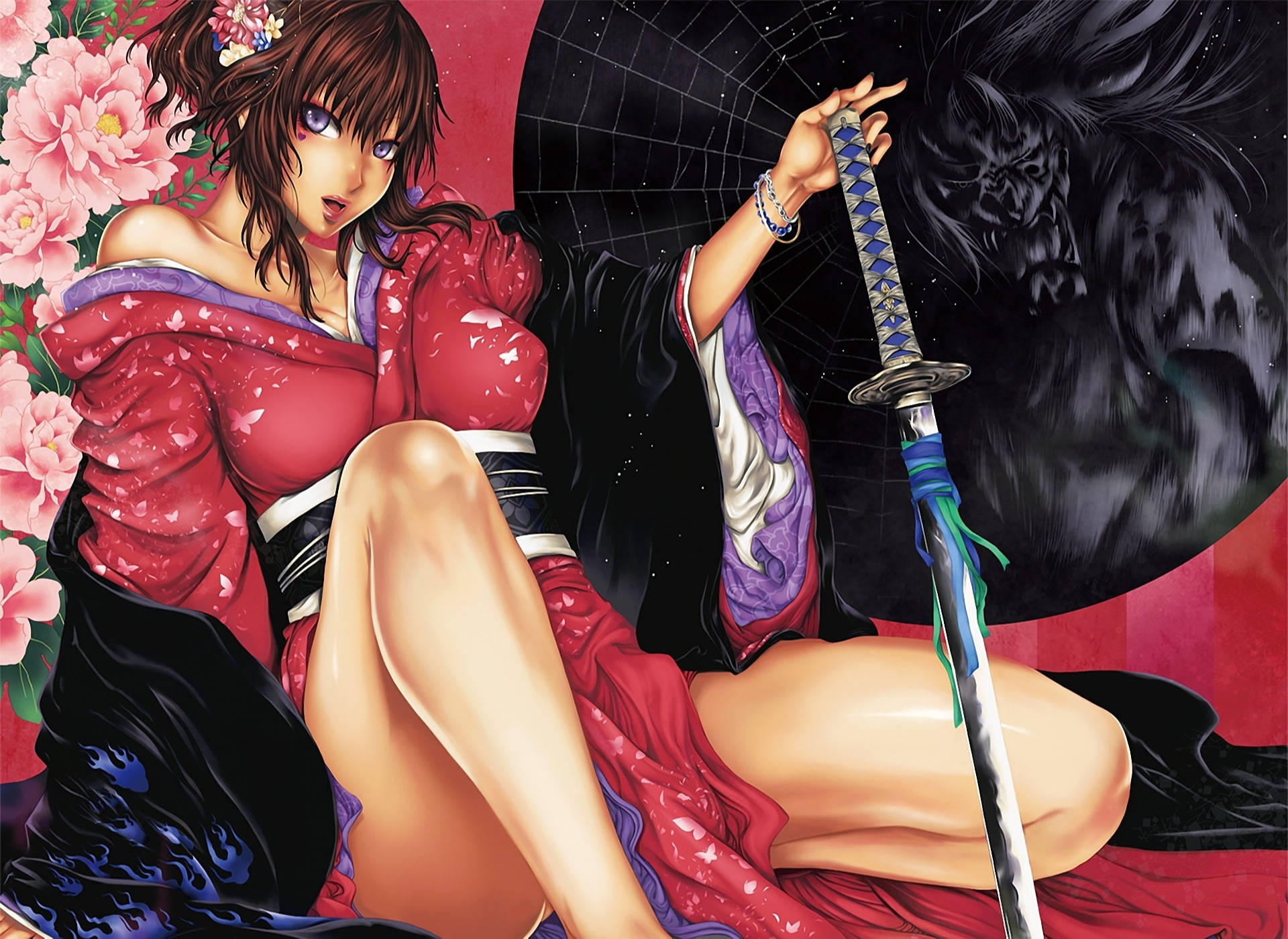 anime girl, red kimono, katana, Full HD Desktop Wallpaper