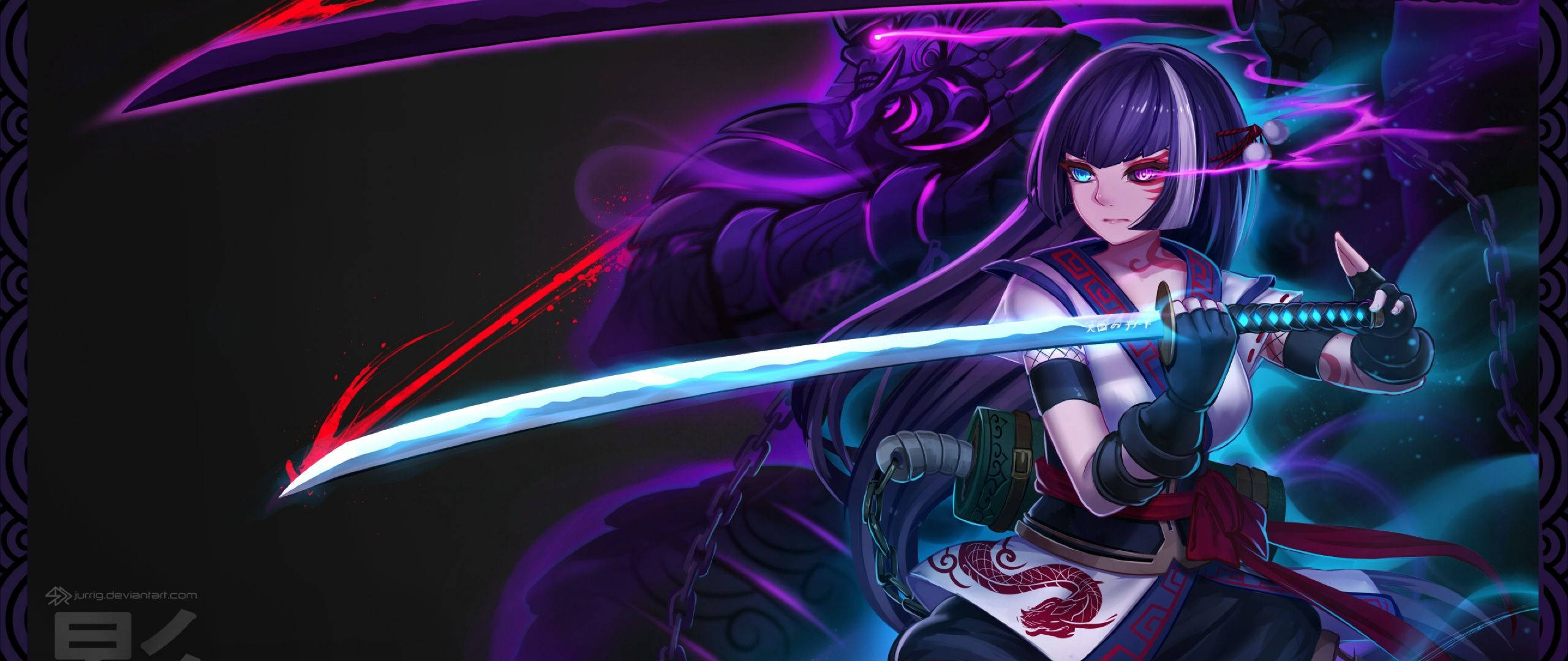anime girl samurai, purple hair, glowing blue sword, 2K Desktop Wallpaper