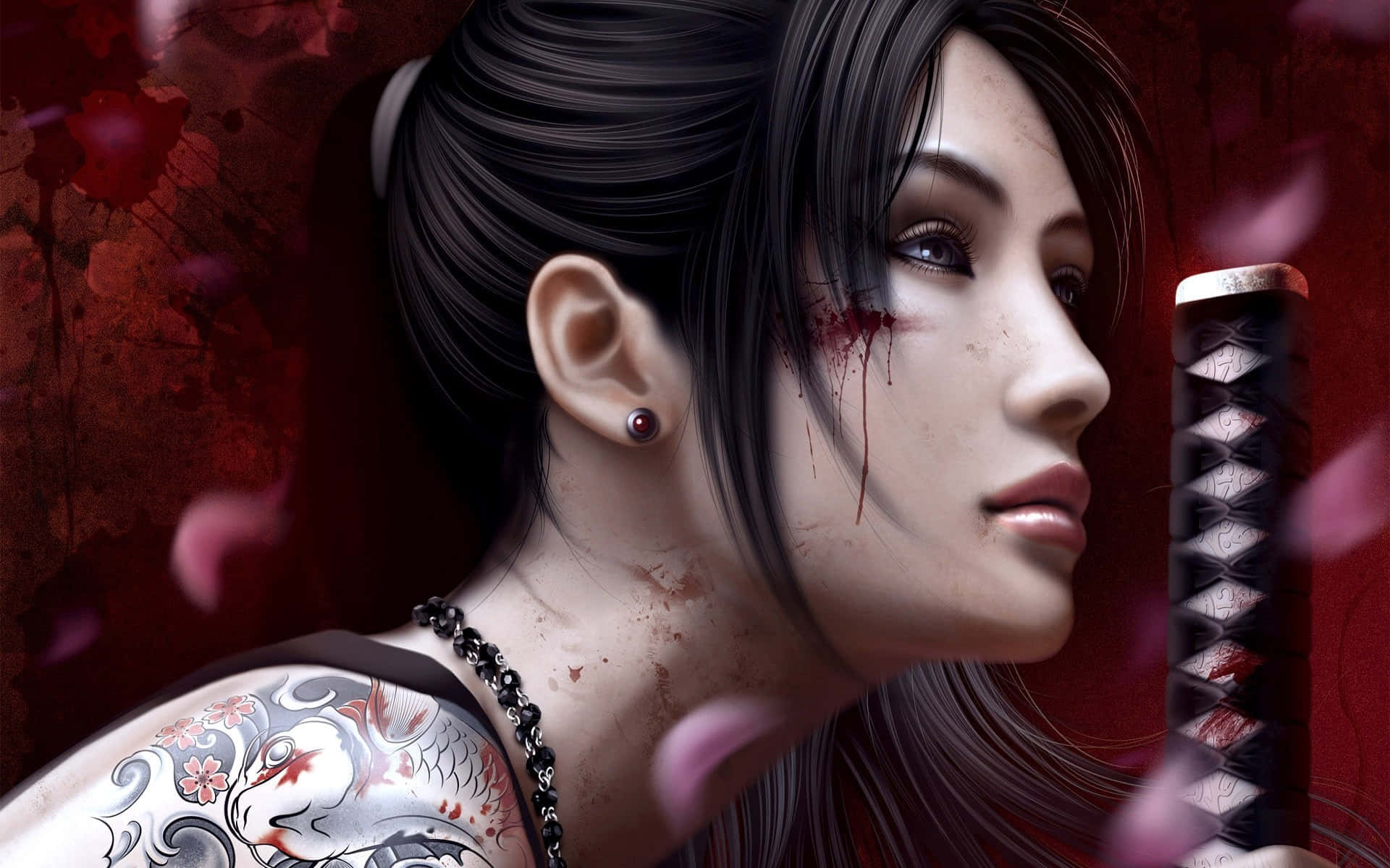 female samurai, anime warrior woman, bloodied face, Full HD Desktop Wallpaper