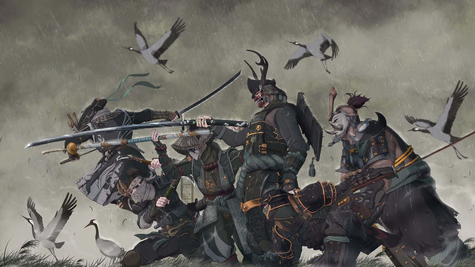 female samurai, dark armor, stormy skies, HD Desktop Wallpaper