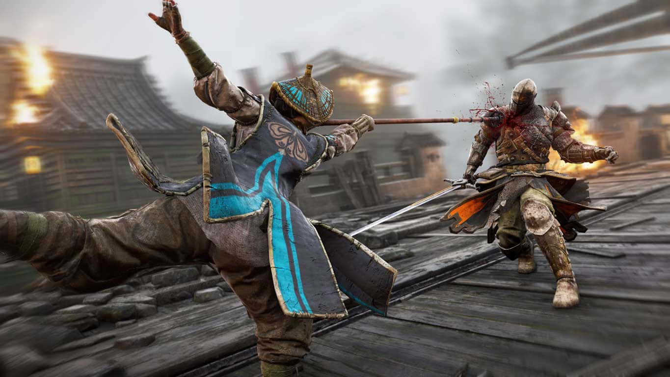 female samurai, burning wooden rooftop, chaotic medieval battle scene, HD Desktop Wallpaper
