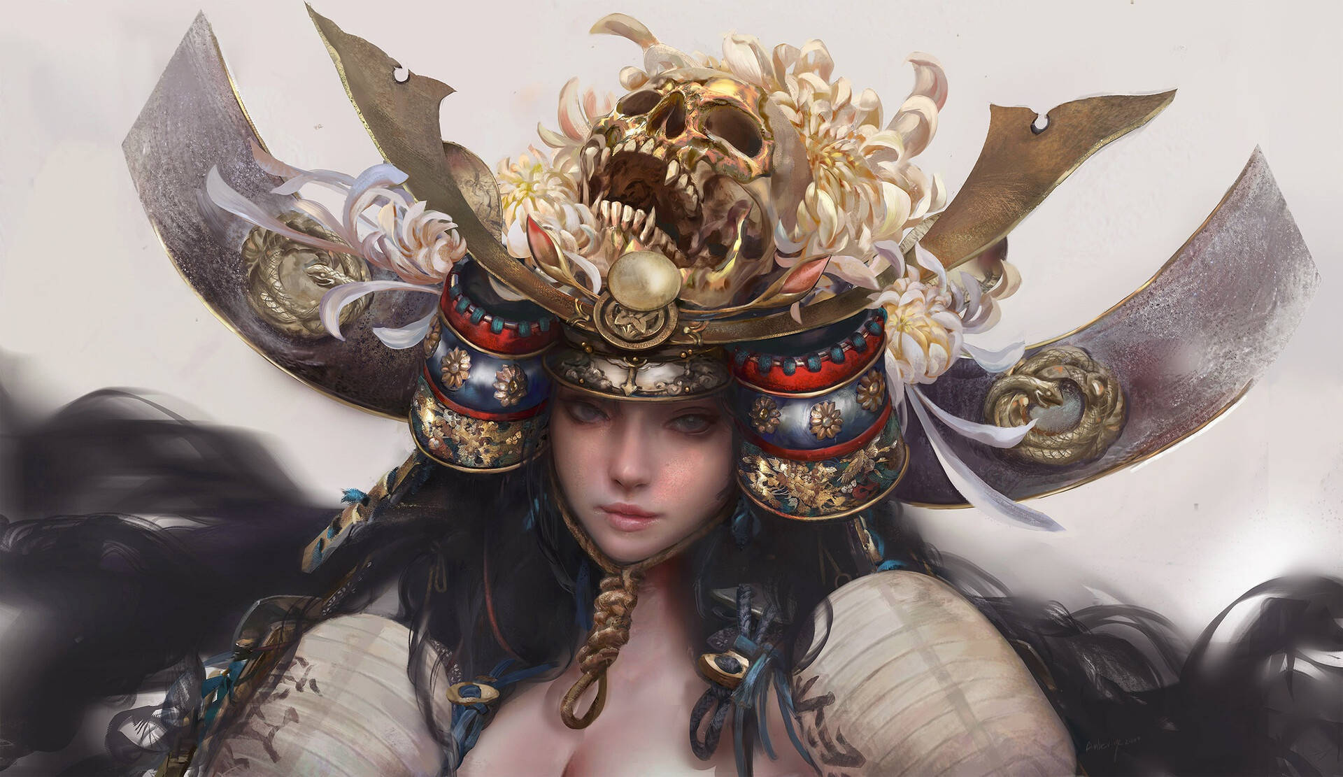 samurai girl with skull headpiece, female samurai, skull headpiece, Full HD Desktop Wallpaper
