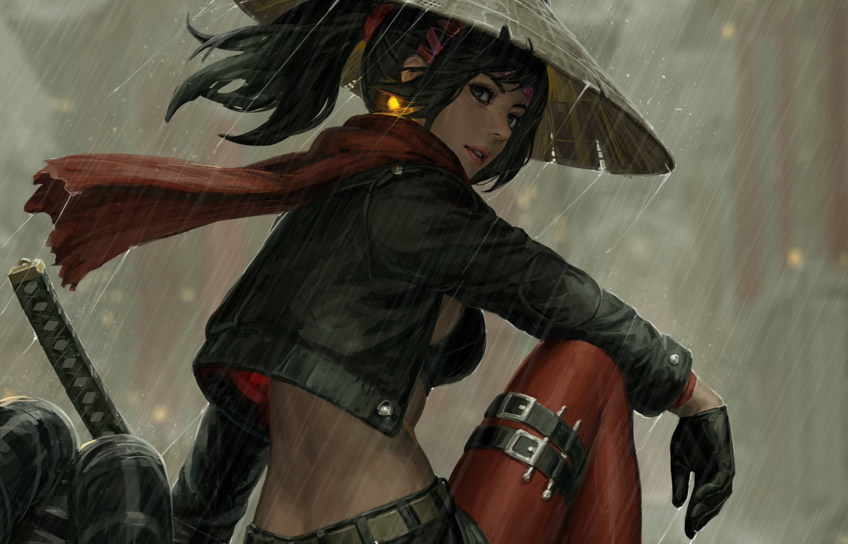 animated samurai girl, female samurai, red scarf, 2K Desktop Wallpaper