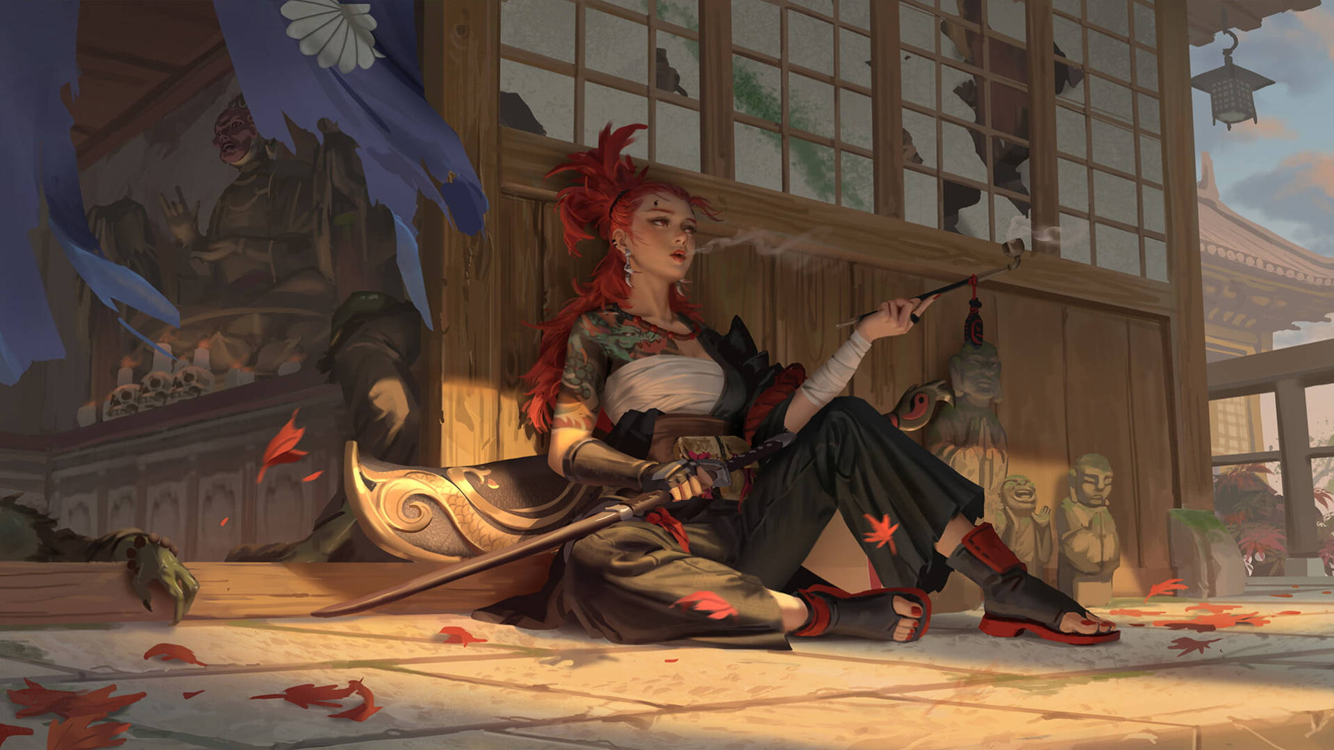 Resting Samurai, red-haired samurai woman, traditional attire, Full HD Desktop Wallpaper