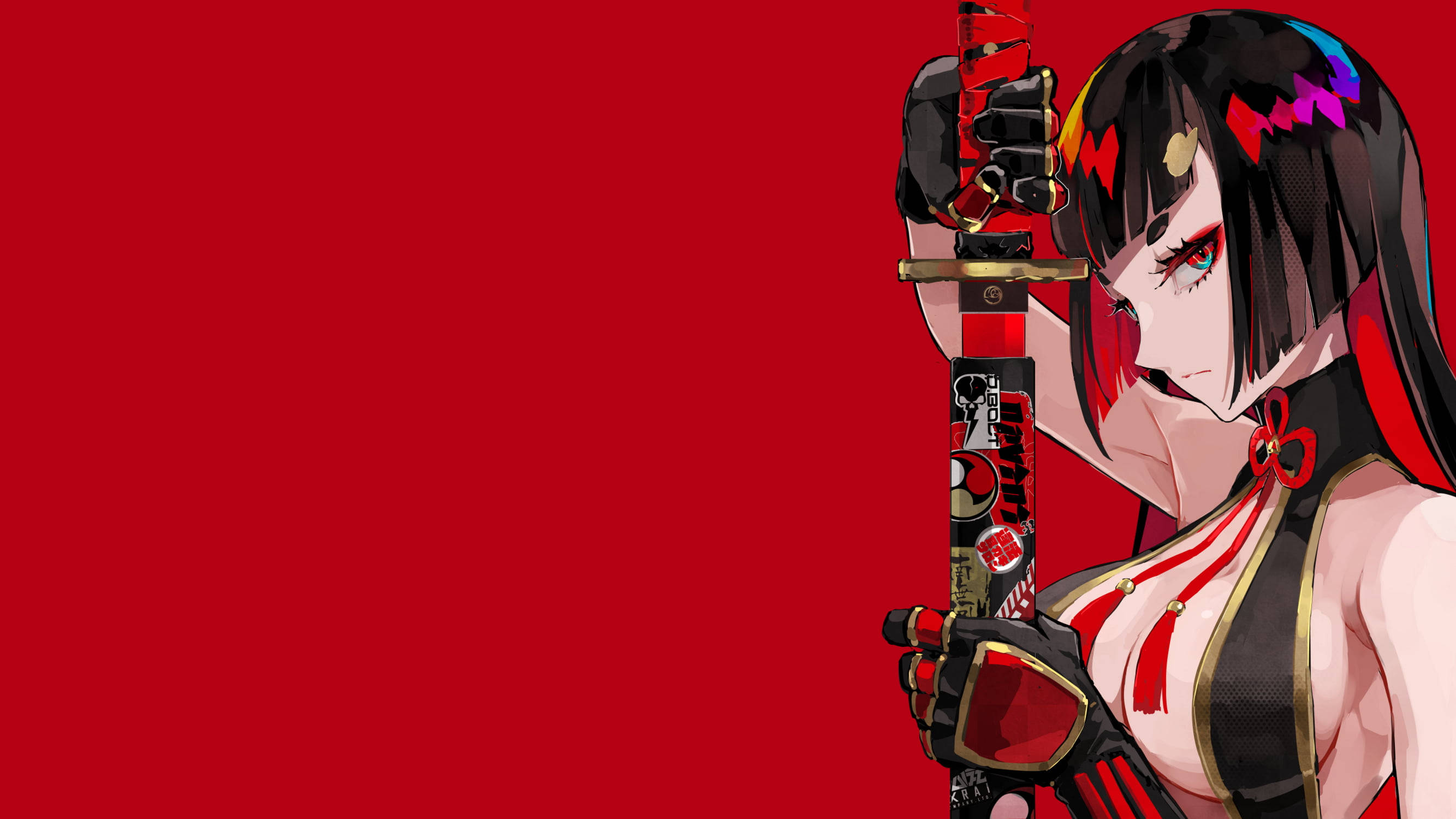 red anime red samurai, black and red hair, decorated katana, 2K Desktop Wallpaper