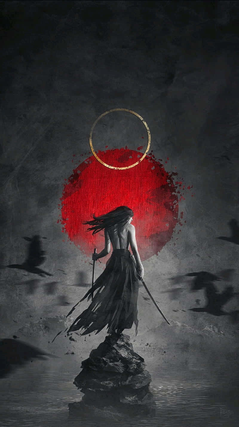 female samurai, blood red sun, golden ring, HD Phone Wallpaper