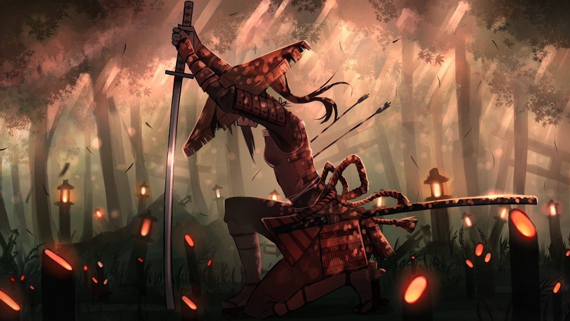 female samurai, seppuku, red armor, Full HD Desktop Wallpaper