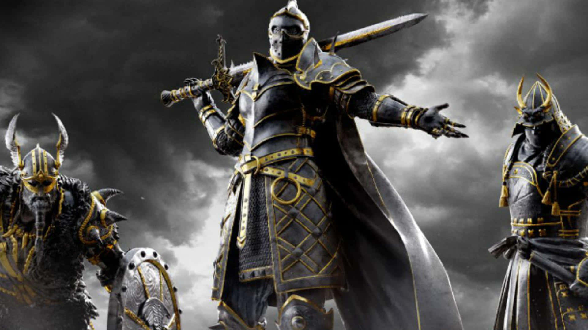 female samurai, black and gold armor, stormy sky, Full HD Desktop Wallpaper