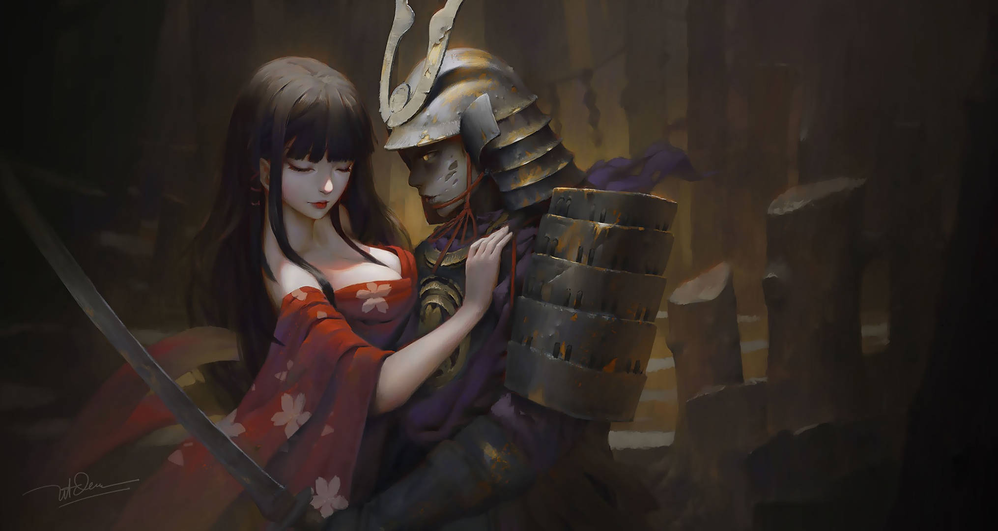 animated woman, samuraiwoman, red floral kimono, Full HD Desktop Wallpaper