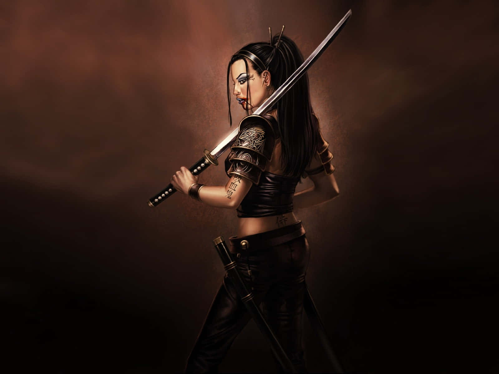 female samurai, katana, long dark hair, HD Desktop Wallpaper