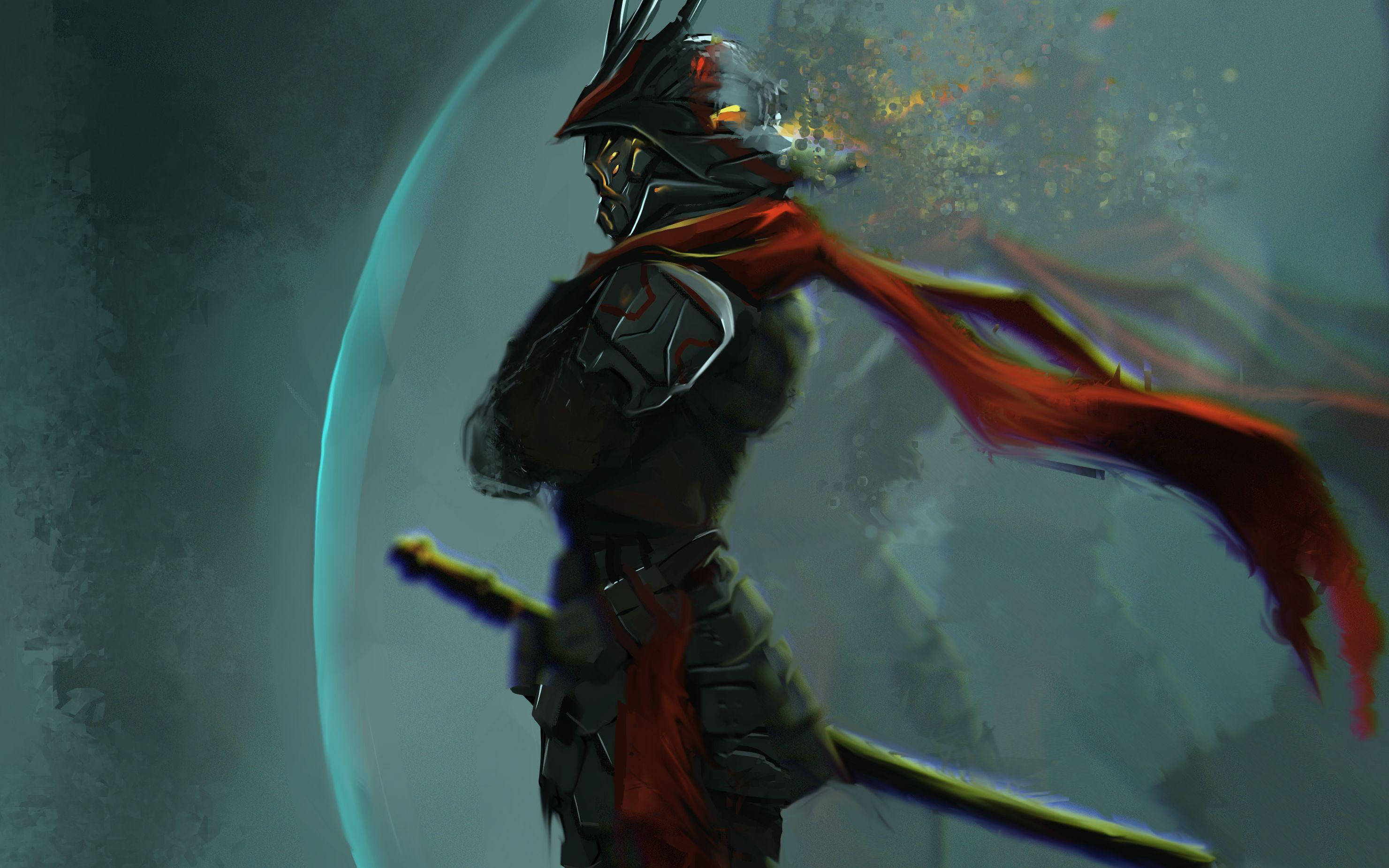 Japanese samurai art, warrior, red cape, 2K Desktop Wallpaper
