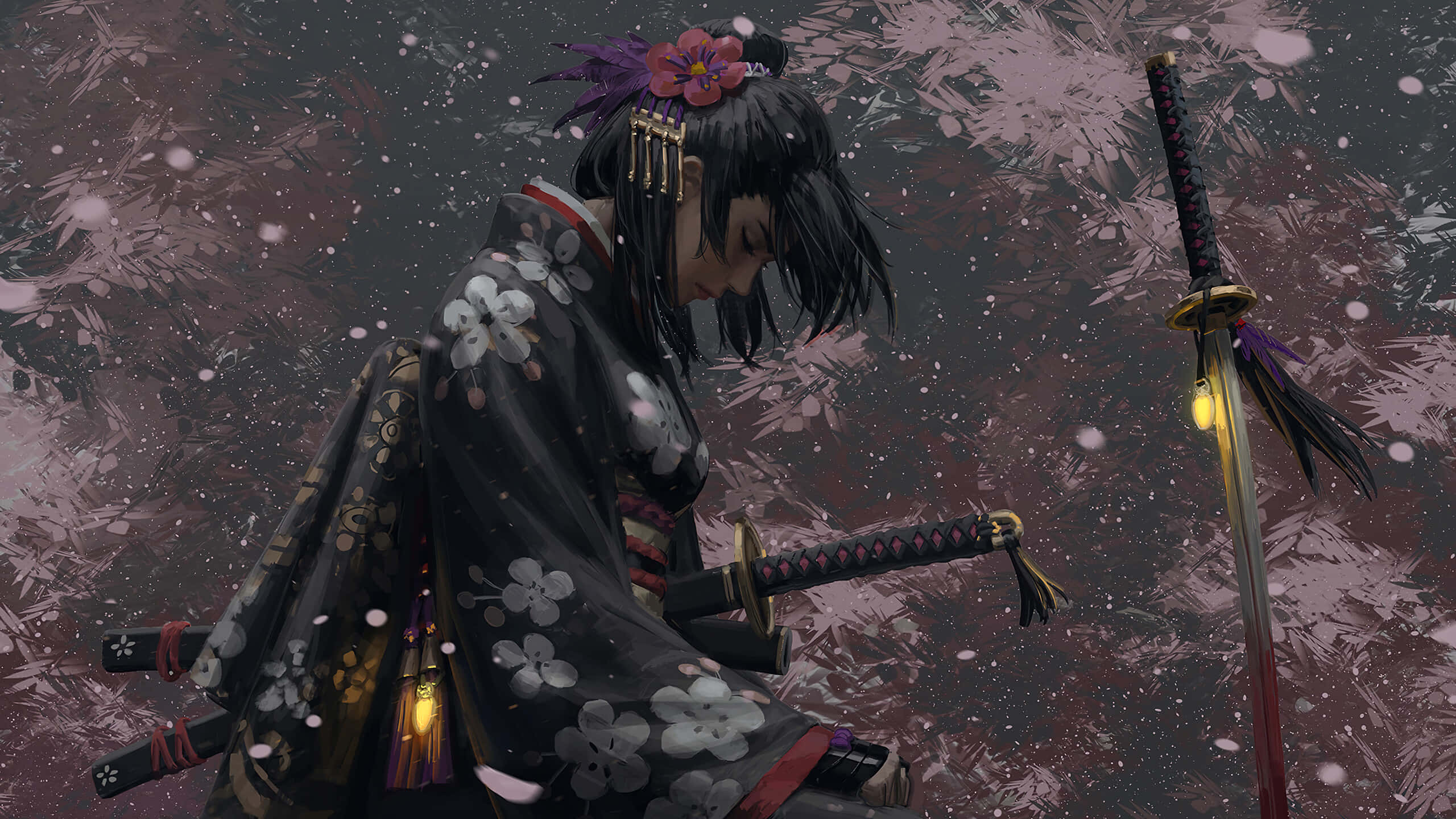 Female Samurai, black floral kimono, sword, 2K Desktop Wallpaper