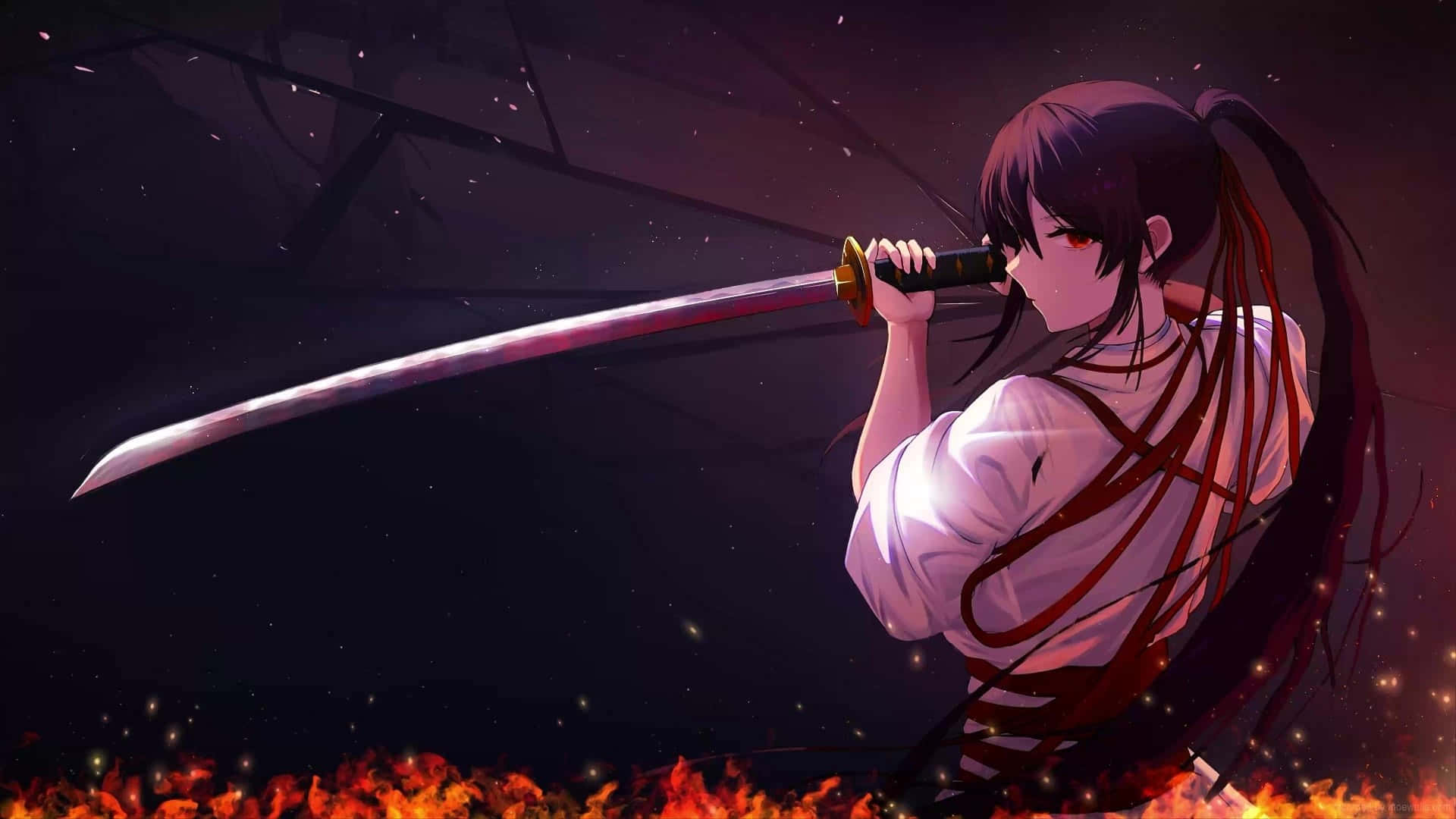 Samurai, flames, glowing sword, Full HD Desktop Wallpaper