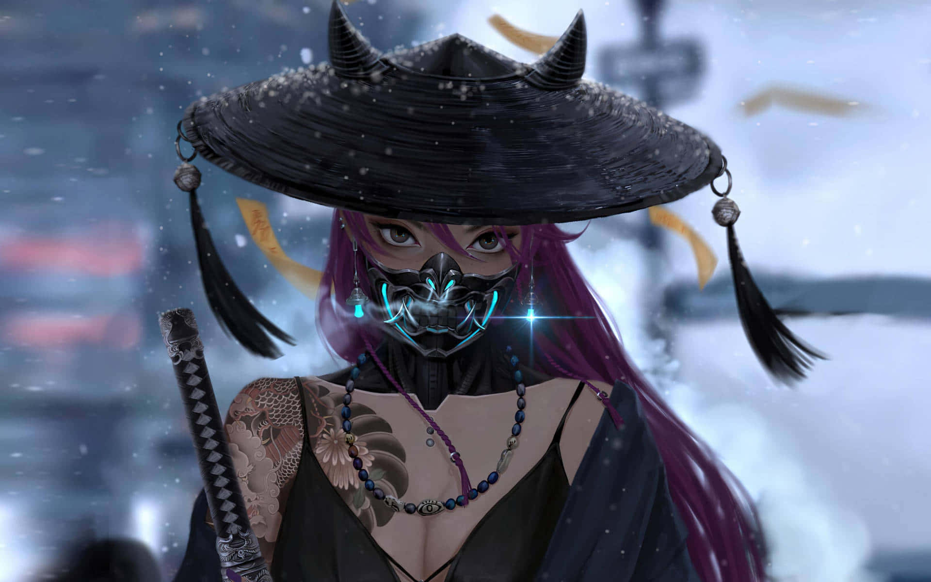 female samurai, purple hair, glowing blue accents, Full HD Desktop Wallpaper