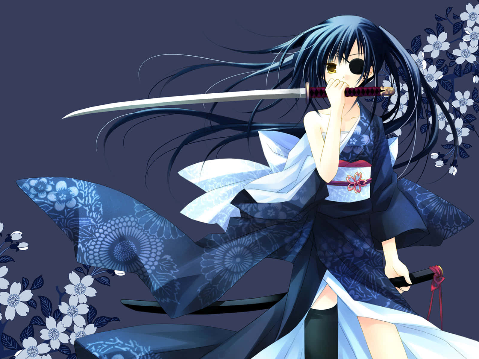 anime samurai girl, blue floral kimono, katana, HD Desktop Wallpaper