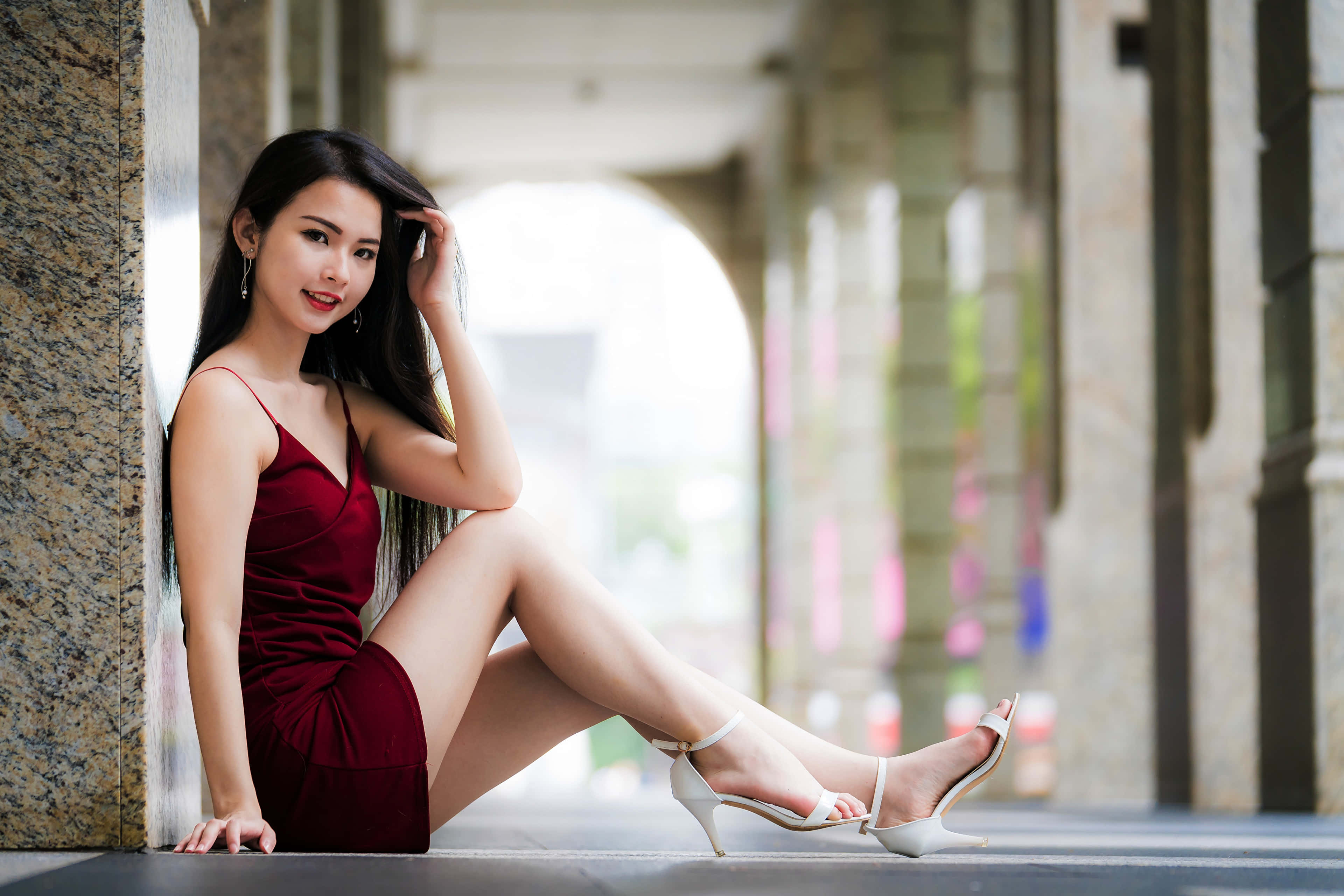 red lipstick, red dress, white heels, 4K Desktop Wallpaper