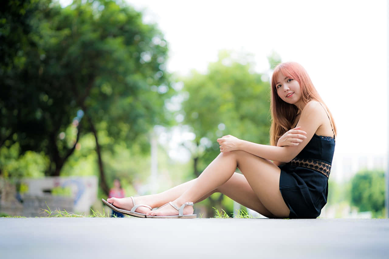 orange female thighs dress, pink hair, cross-legged, HD Desktop Wallpaper